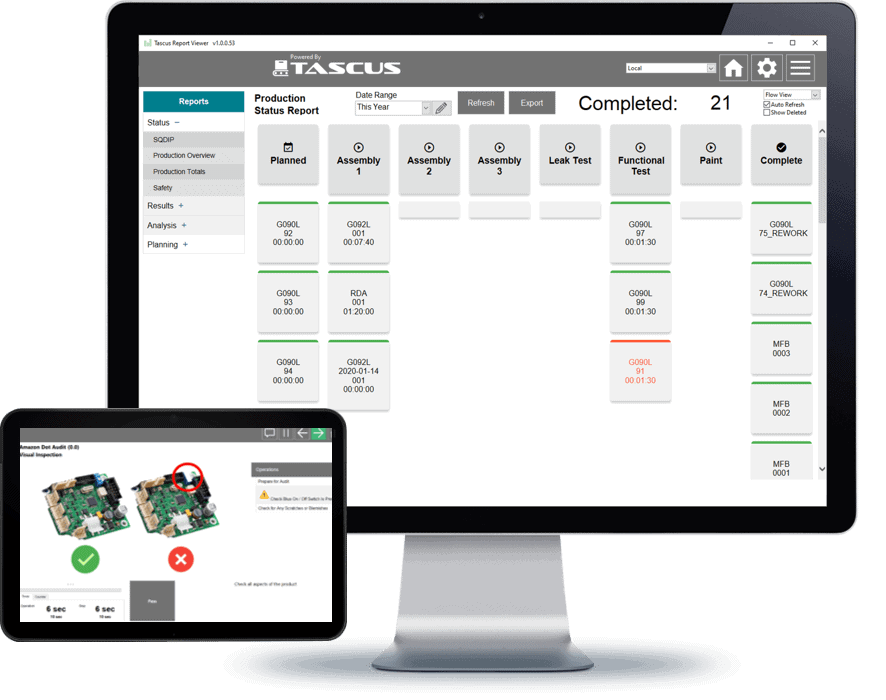 A screenshot displaying the real-time monitoring capabilities of the Tascus MES software, showcasing an intuitive dashboard that tracks production progress, including various assembly stages and quality checks, critical for manufacturing operations.