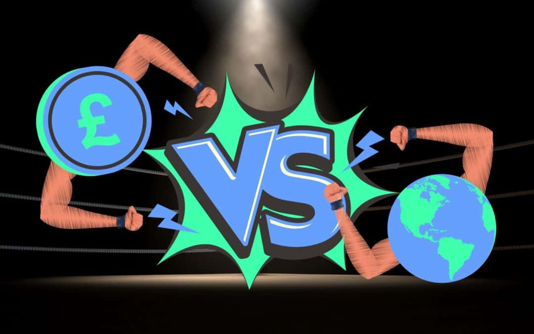 Illustrative graphic for 'Sustainability in Industry 4.0: Debunking the Profit vs. Planet Myth' featuring a symbolic arm wrestling match between a pound sterling coin and the Earth, representing the balance between economic gains and environmental responsibility against a backdrop of dueling lightning bolts.