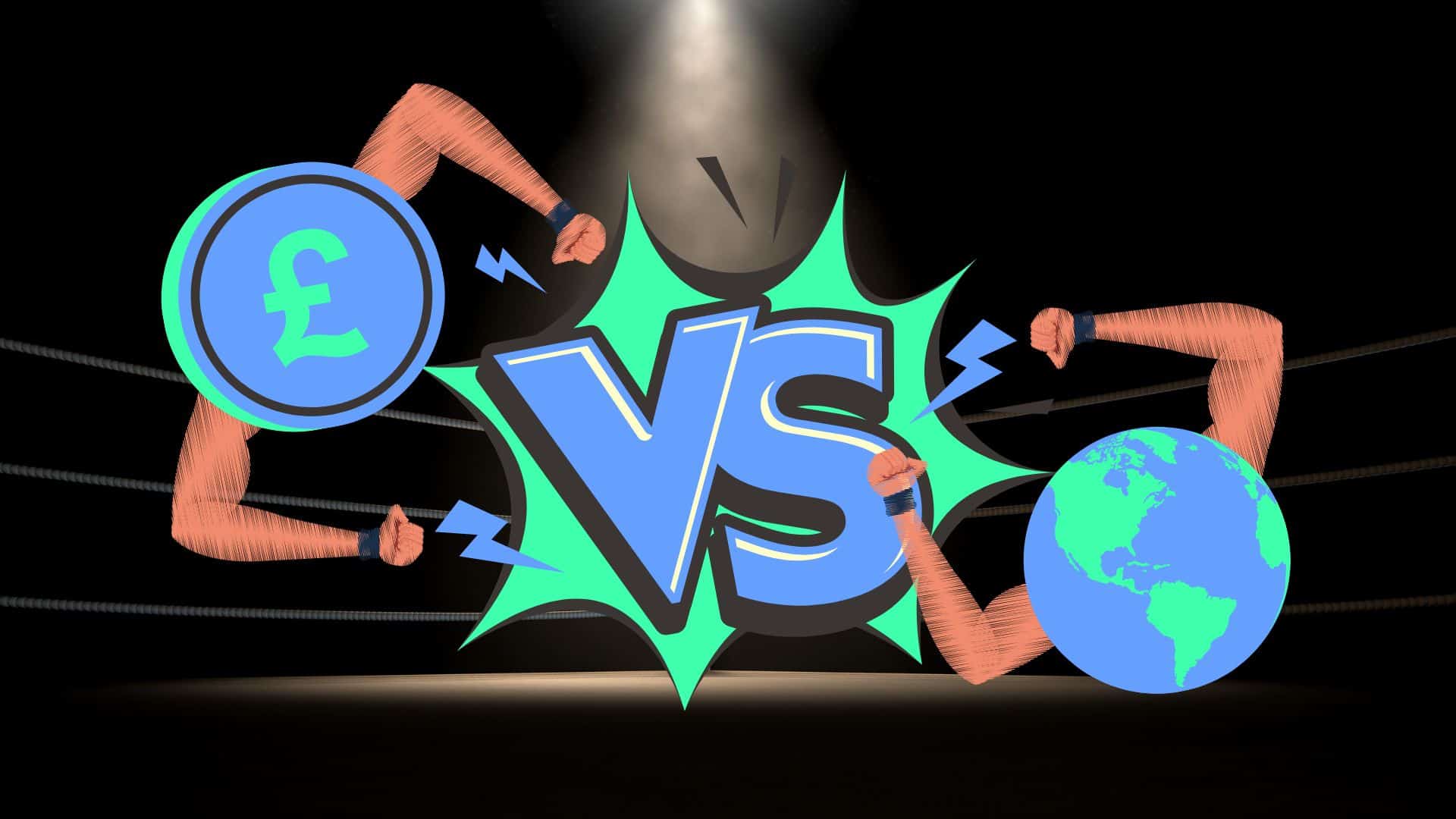 Illustrative graphic for 'Sustainability in Industry 4.0: Debunking the Profit vs. Planet Myth' featuring a symbolic arm wrestling match between a pound sterling coin and the Earth, representing the balance between economic gains and environmental responsibility against a backdrop of dueling lightning bolts.