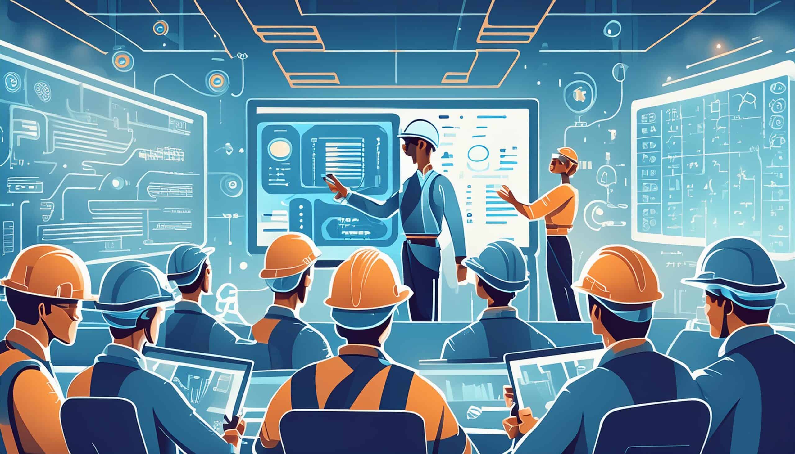 FIREFL~2 An illustration showing a diverse group of workers in a training session, learning to operate advanced machinery and digital systems. Include elements such as a trainer with a presentation, workers engaging with interactive displays, and a scheduling board showing optimal shift planning. Additionally, depict a positive work environment with engaged and motivated employees collaborating and sharing ideas.