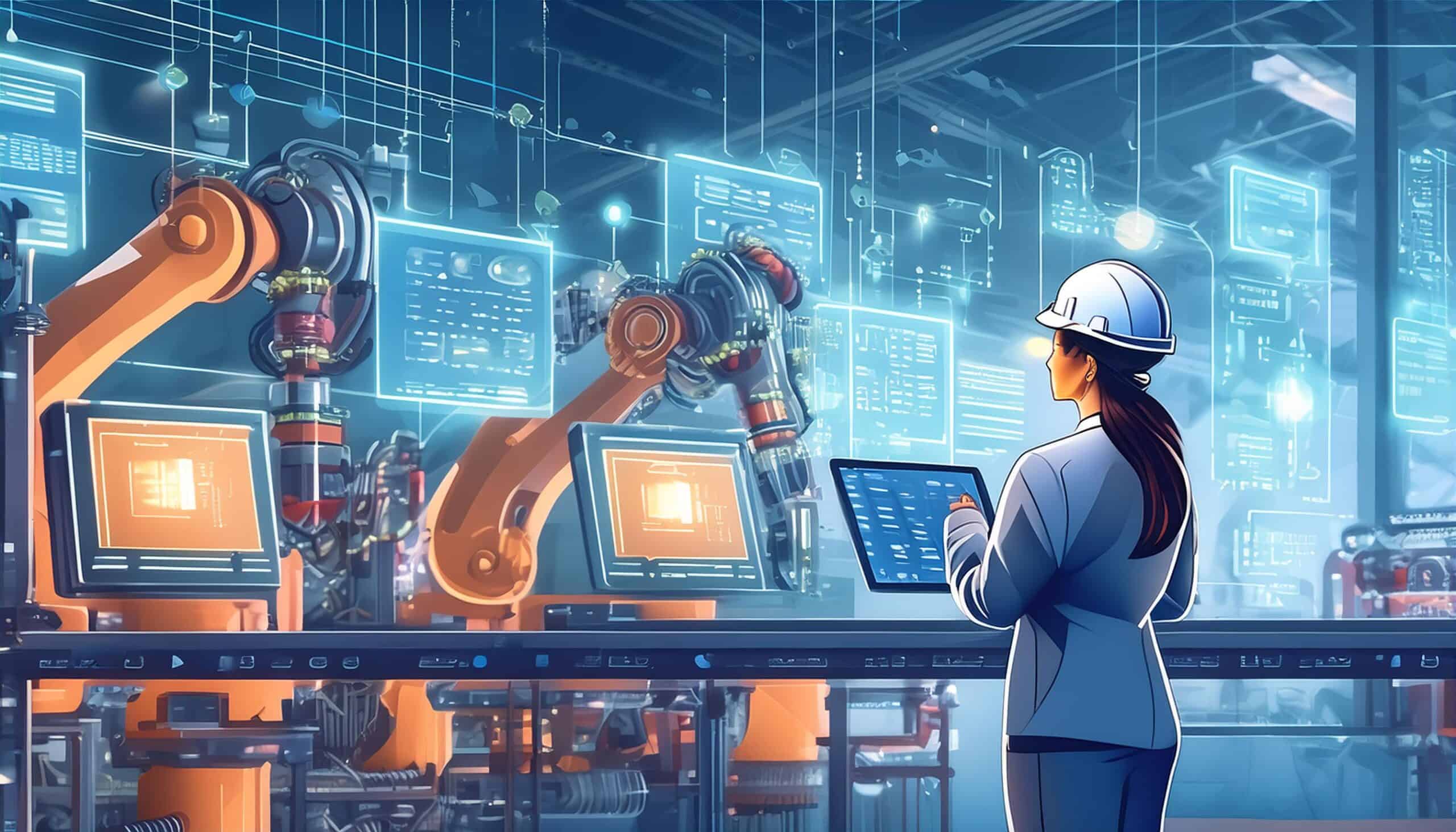 FIREFL~3 An illustration showing a well-organized manufacturing floor with minimal clutter. Workers are seen efficiently managing inventory and processes. Include visual elements like flowcharts and diagrams on walls, a worker implementing a 5S principle (sort, set in order, shine, standardize, sustain), and another worker making notes for continuous improvement. The scene should emphasize efficiency, waste reduction, and streamlined processes.