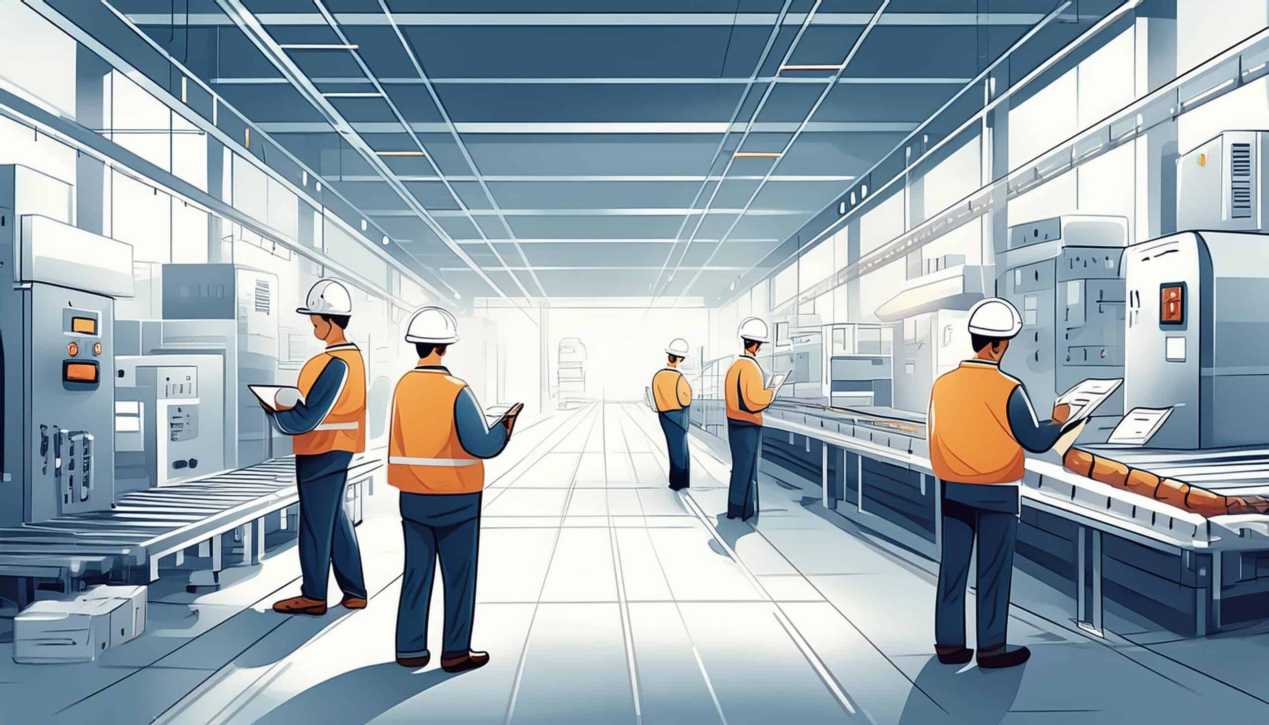 FIREFL~4 An illustration showing a well-organized manufacturing floor with minimal clutter. Workers are seen efficiently managing inventory and processes. Include visual elements like flowcharts and diagrams on walls, a worker implementing a 5S principle (sort, set in order, shine, standardize, sustain), and another worker making notes for continuous improvement. The scene should emphasize efficiency, waste reduction, and streamlined processes.