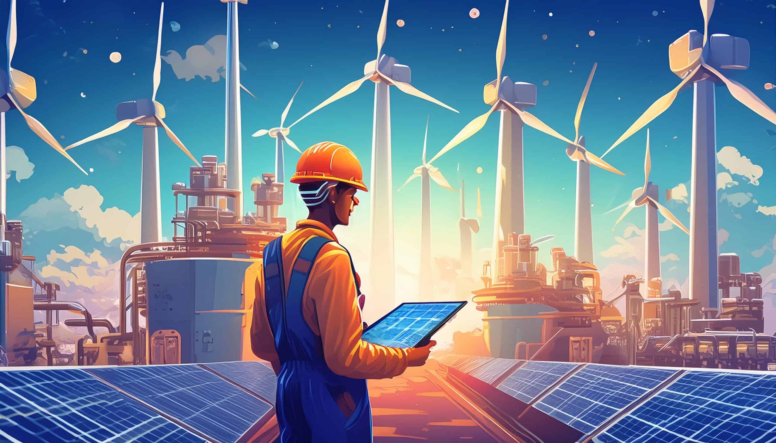 Firefly An illustration of a manufacturing facility with energy-efficient machinery in operation, il An illustration of a manufacturing facility with energy-efficient machinery in operation, illuminated by bright lights powered by visible solar panels on the roof. A technician monitors the equipment using a tablet, ensuring optimal performance. The background includes wind turbines, symbolizing the use of renewable energy sources. The scene conveys reduced energy consumption, lower utility bills, and a commitment to environmental sustainability.