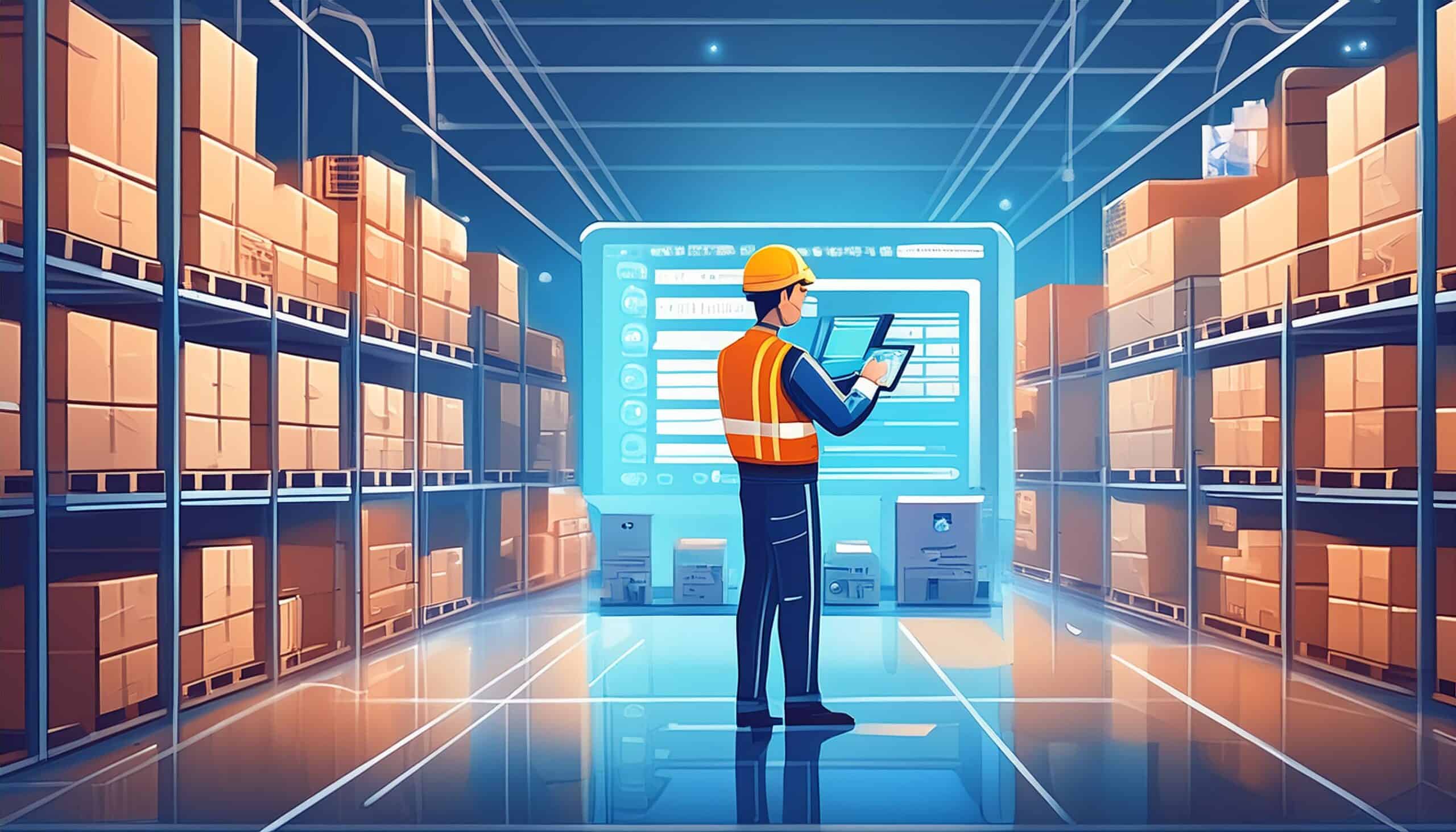 Firefly An illustration of a manufacturing floor where a worker scans barcodes on neatly organized s An illustration of a manufacturing floor where a worker scans barcodes on neatly organized shelves, representing efficient inventory management. A digital dashboard nearby displays real-time inventory levels and analytics, highlighting Just-In-Time (JIT) inventory, accurate demand forecasting, and supplier consolidation. The scene emphasizes reduced storage costs, minimized waste, and optimized stock levels.