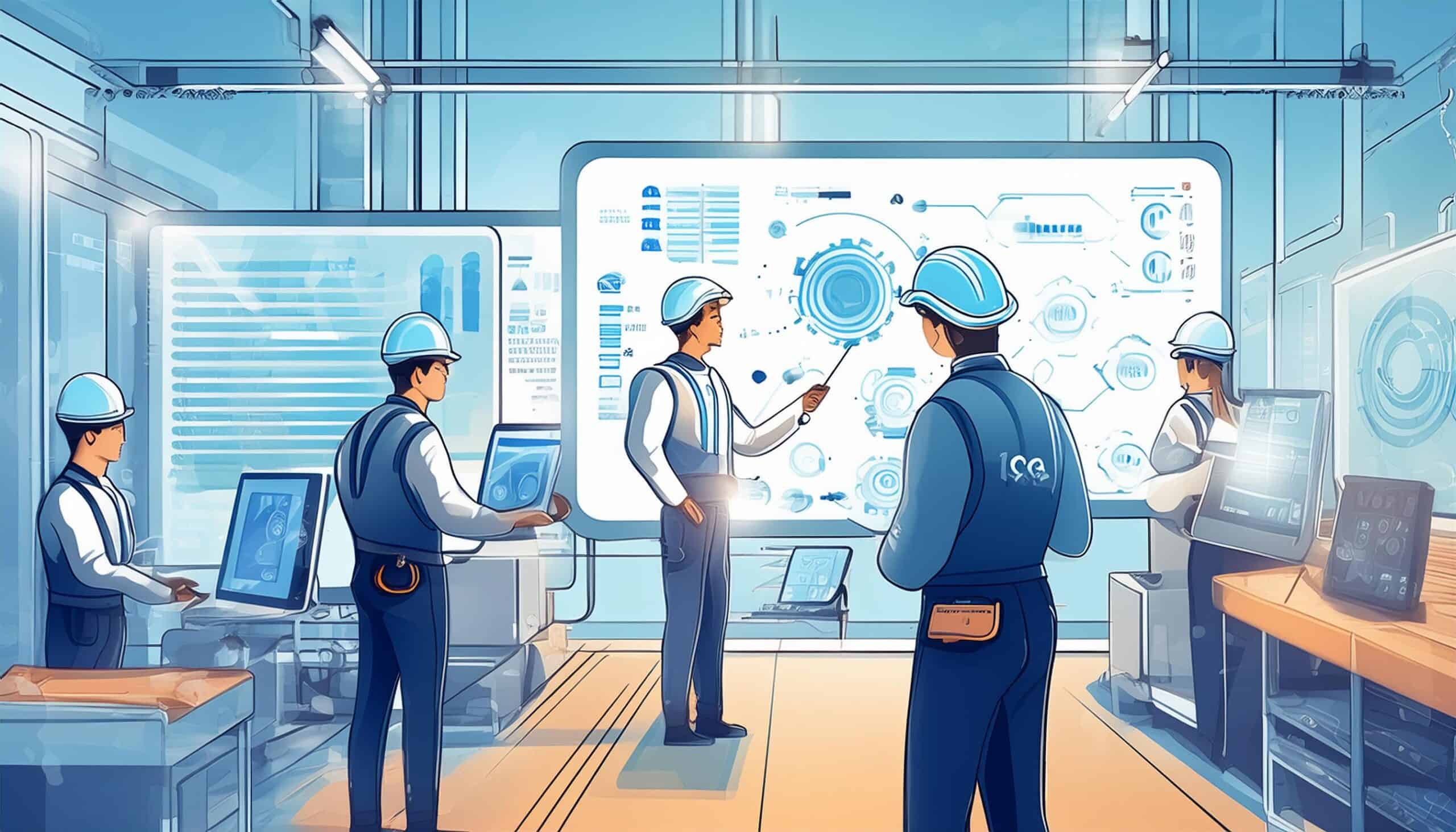 Firefly An illustration showing a team of workers participating in a training session with a skilled An illustration showing a team of workers participating in a training session with a skilled instructor, emphasizing employee training programs. Nearby, another worker efficiently operates advanced machinery, applying lean manufacturing principles. Charts displaying increased productivity and workflow efficiency are visible on a screen in the background. The scene highlights a motivated workforce, reduced labor costs, and continuous improvement efforts.