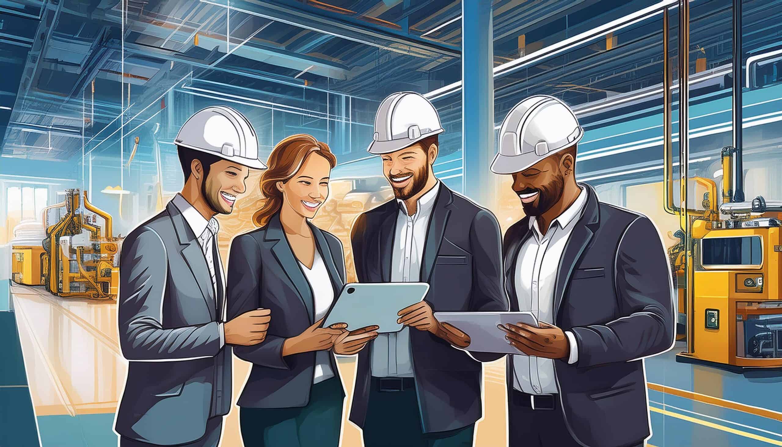 Firefly Illustration of Happy clients with new modern factory and the engineers using tablets 23234