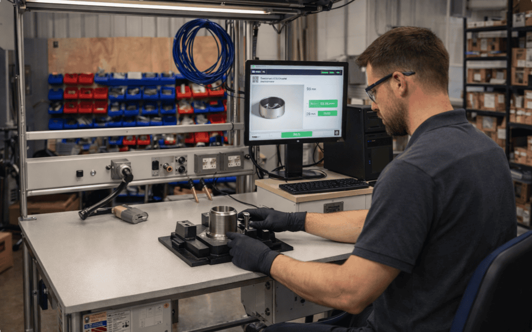 Operator assembling a component at a workstation with production tracking software recording build data