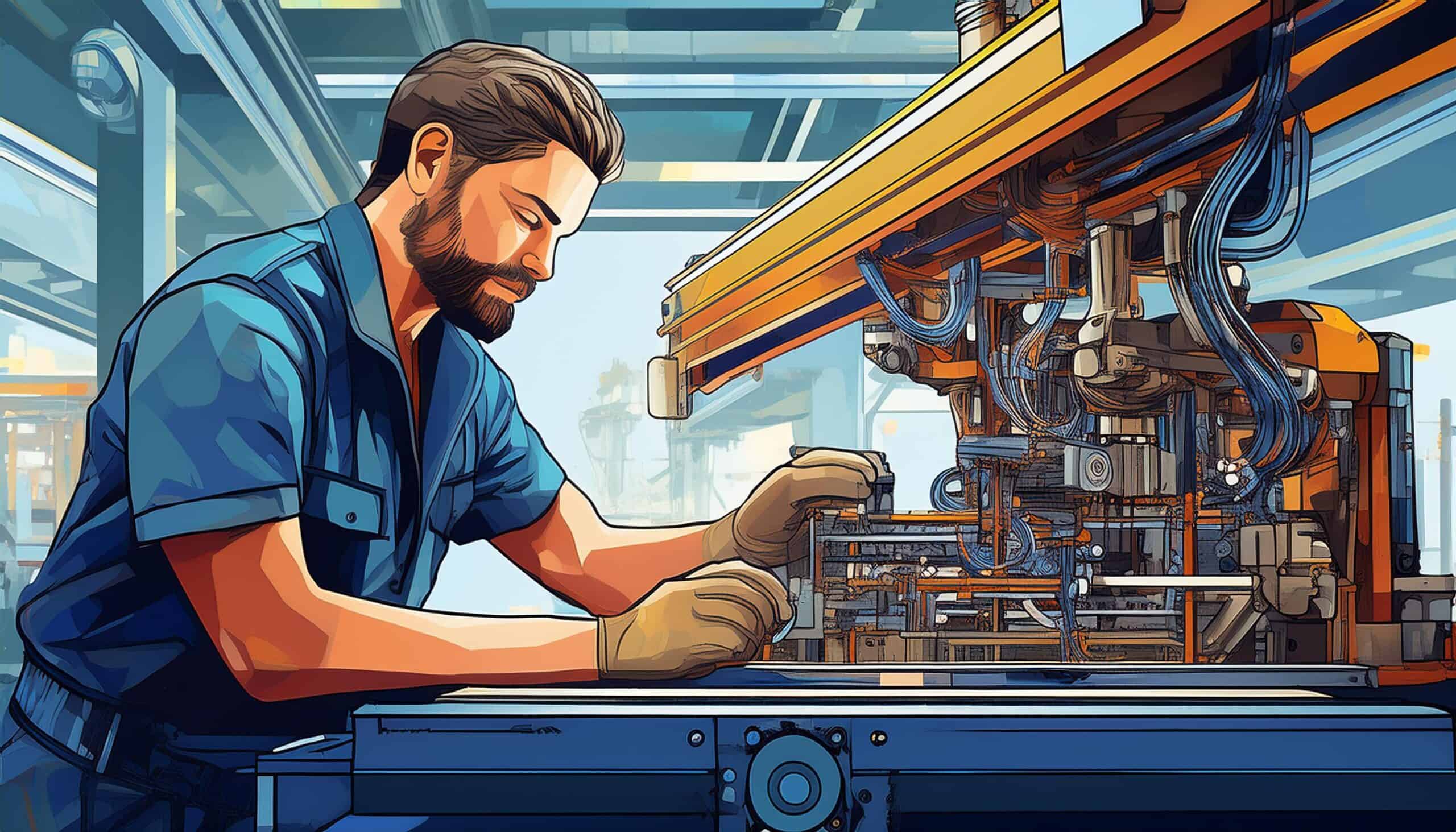 Product Building An illustration of a manufacturing facility with workers actively engaged in monitoring and measuring production output. Highlight a central figure analyzing data on a digital dashboard, with charts and graphs displaying key performance indicators (KPIs) like Overall Equipment Effectiveness (OEE). The background can include advanced machinery and a well-organized production line, emphasizing efficiency and productivity.